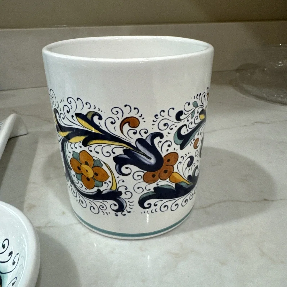 Nova Deruta Spoon Rest And Crock  Made In Italy Hand painted